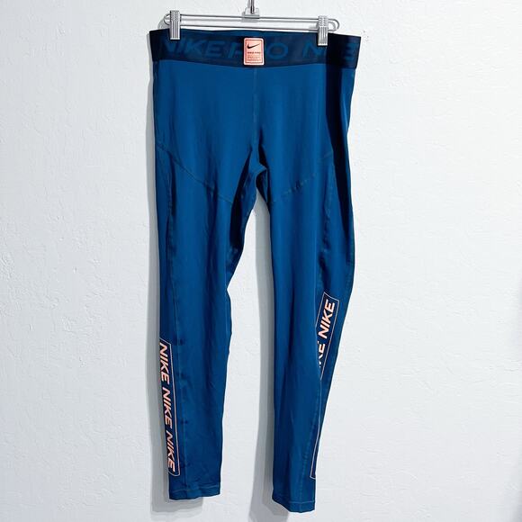 Nike Pro Leggings Womens Large Pants Blue Orange Performance Active Running - Picture 1 of 9